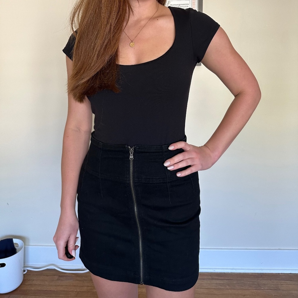 Free People Black Zip Up Denim Skirt